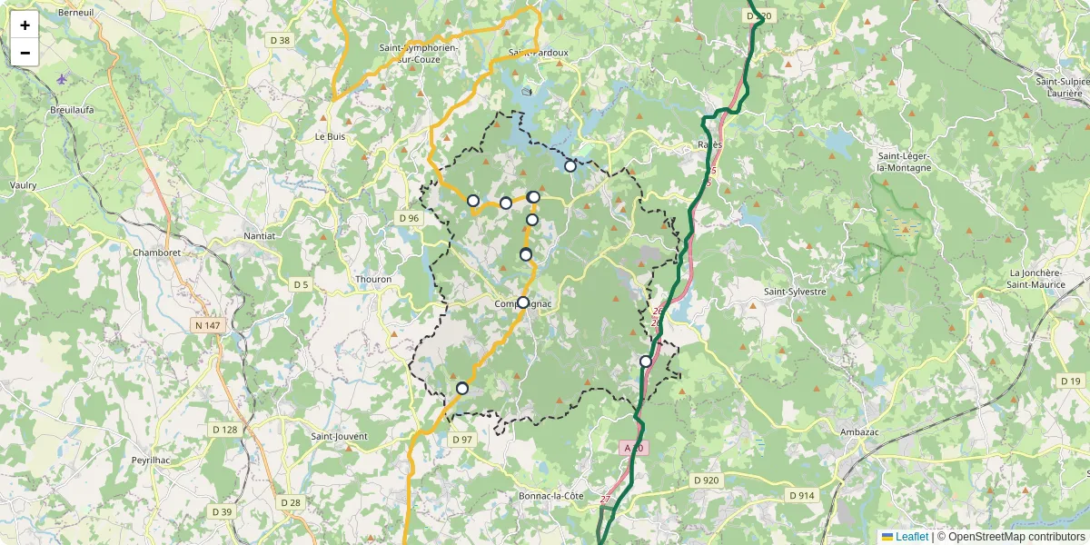 Carte du réseau de transport en commun à Compreignac - lignes de bus et arrêts