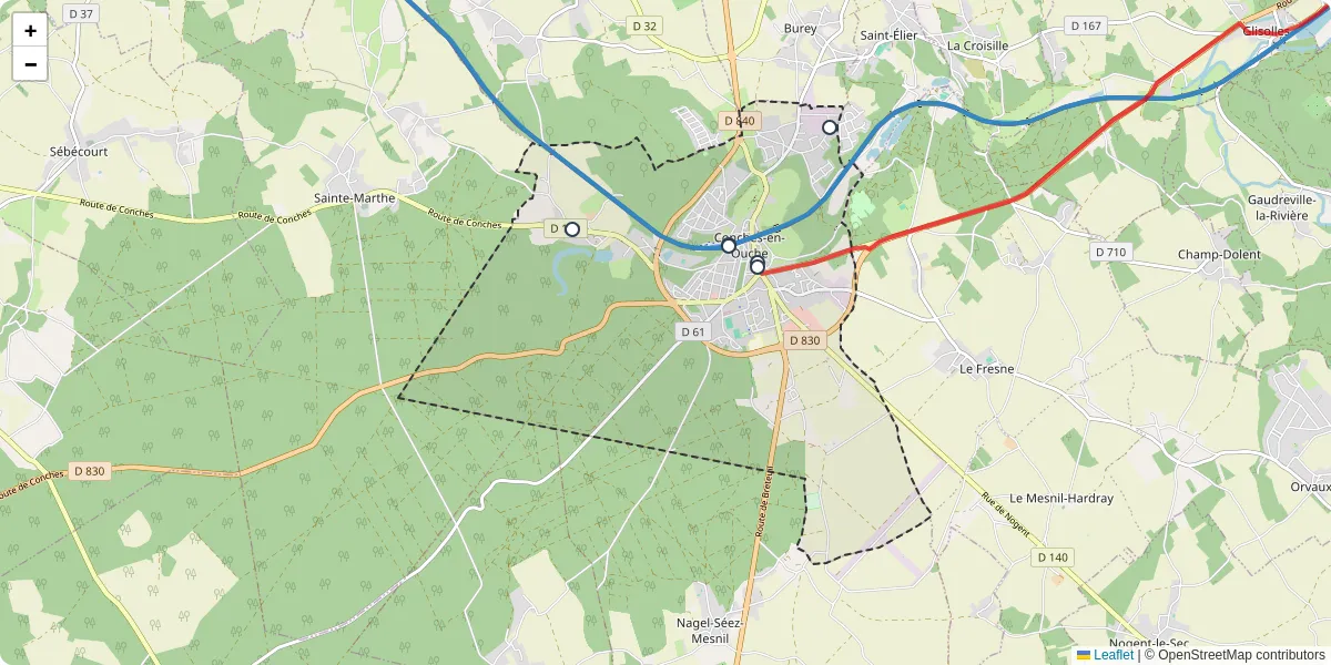 Carte du réseau de transport en commun à Conches-en-Ouche - lignes de bus et arrêts