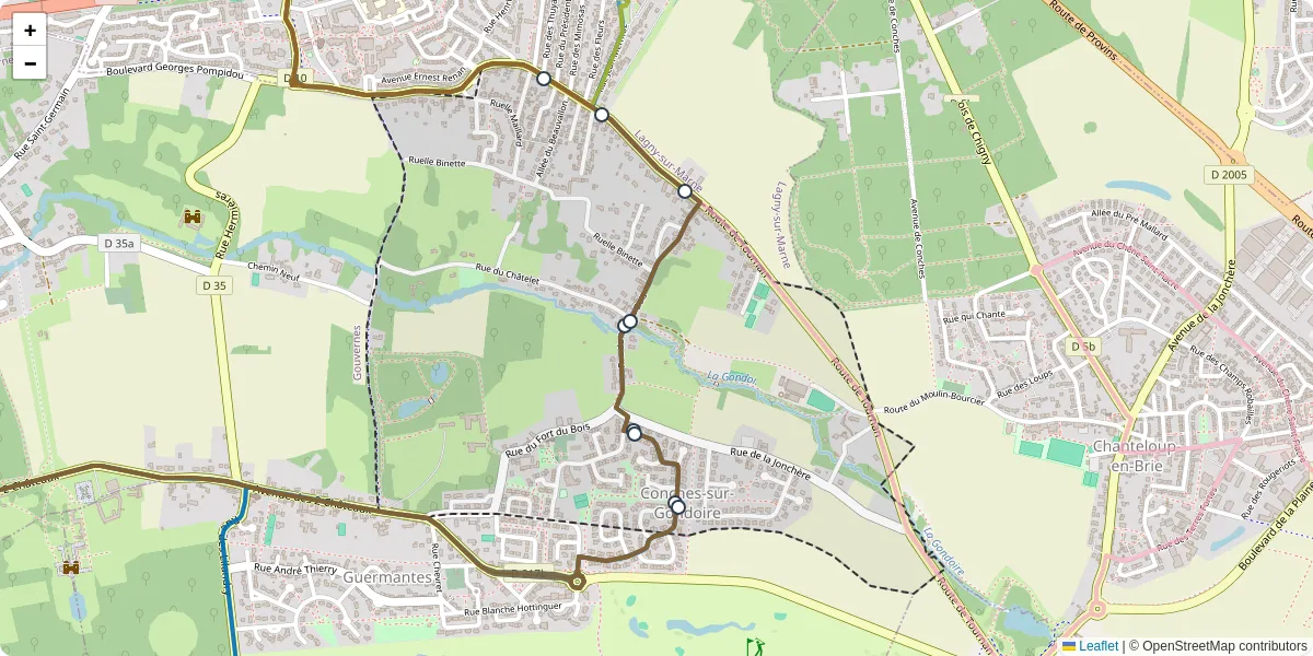 Carte du réseau de transport en commun à Conches-sur-Gondoire - lignes de bus et arrêts