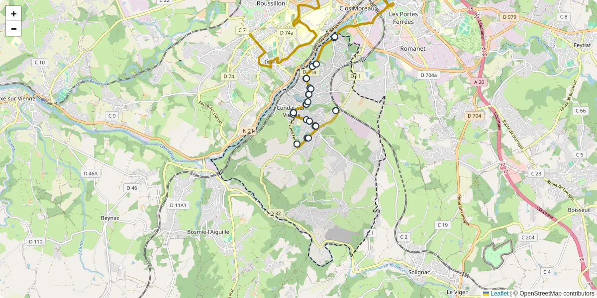 Carte du réseau de transport en commun à Condat-sur-Vienne - lignes de bus et arrêts