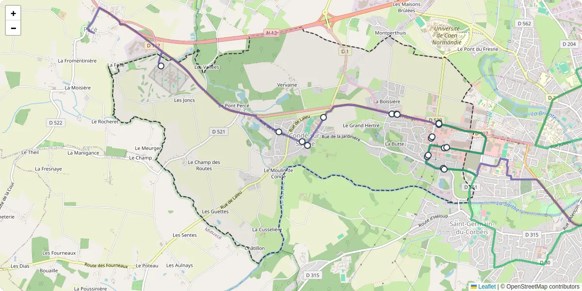 Carte du réseau de transport en commun à Condé-sur-Sarthe - lignes de bus et arrêts