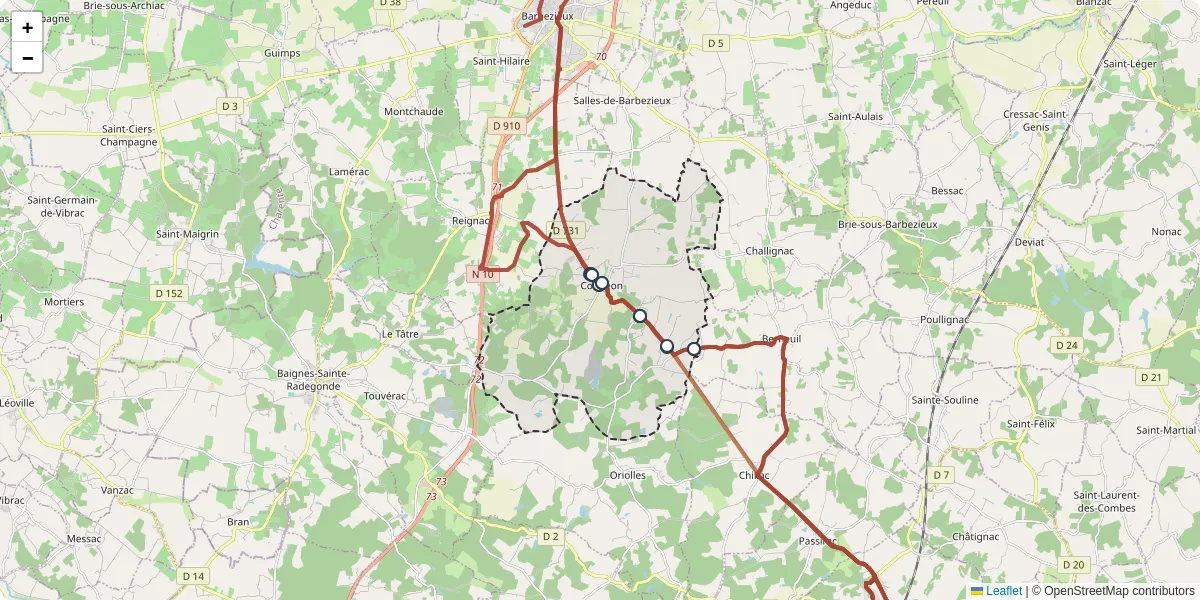 Carte du réseau de transport en commun à Condéon - lignes de bus et arrêts