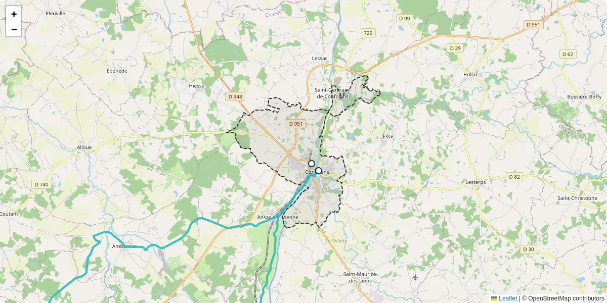 Carte du réseau de transport en commun à Confolens - lignes de bus et arrêts