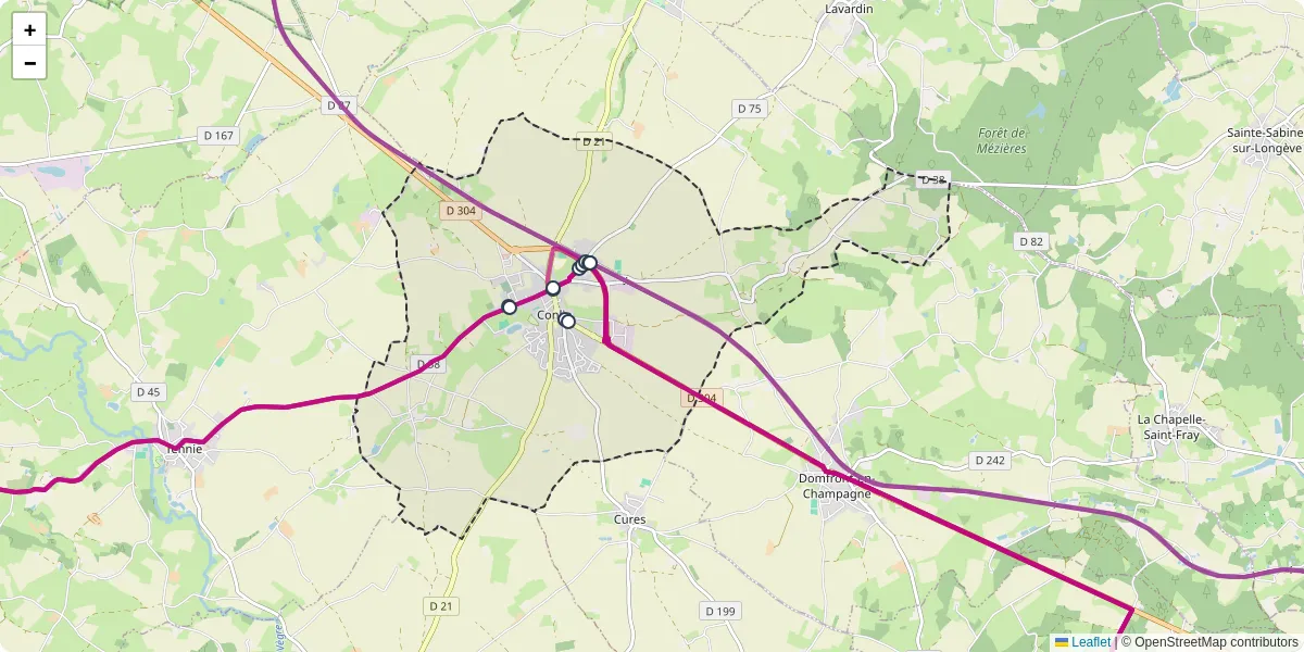 Carte du réseau de transport en commun à Conlie - lignes de bus et arrêts