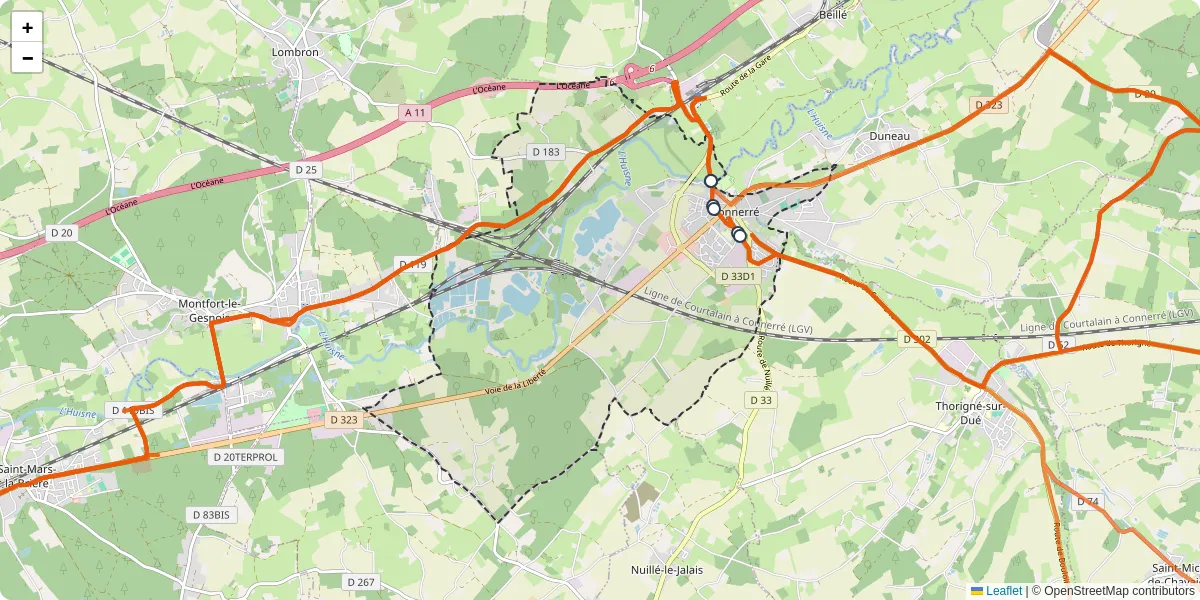 Carte du réseau de transport en commun à Connerré - lignes de bus et arrêts