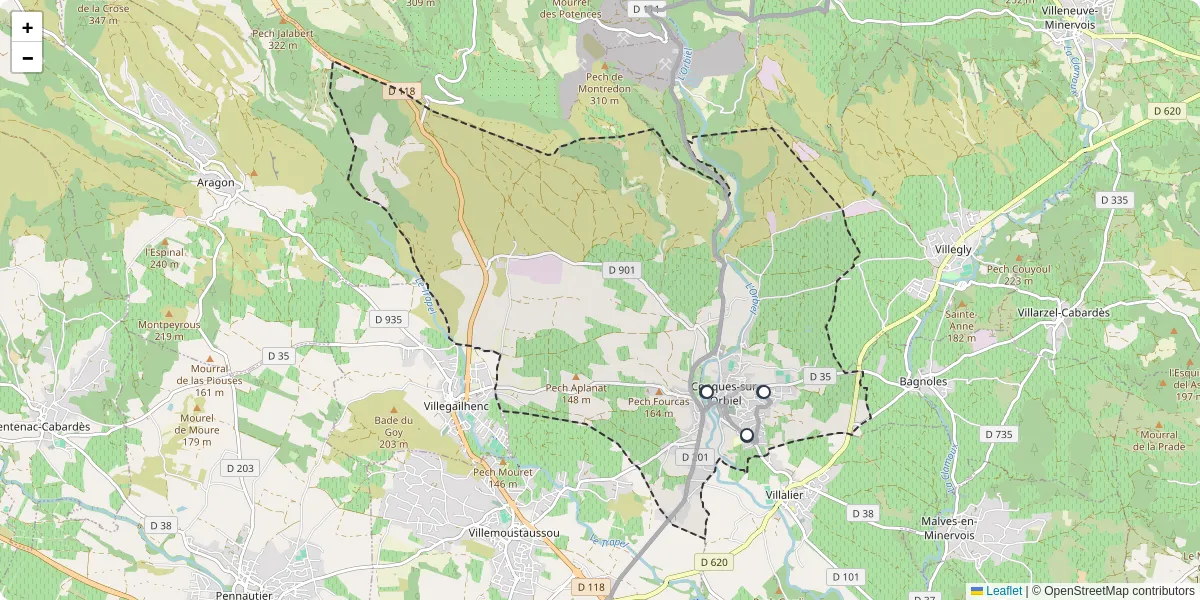 Carte du réseau de transport en commun à Conques-sur-Orbiel - lignes de bus et arrêts