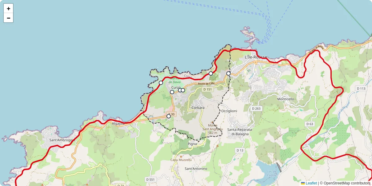 Carte du réseau de transport en commun à Corbara - lignes de bus et arrêts