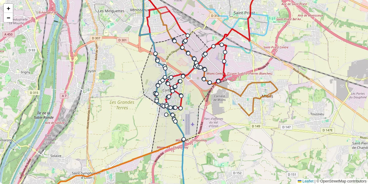 Carte du réseau de transport en commun à Corbas - lignes de bus et arrêts