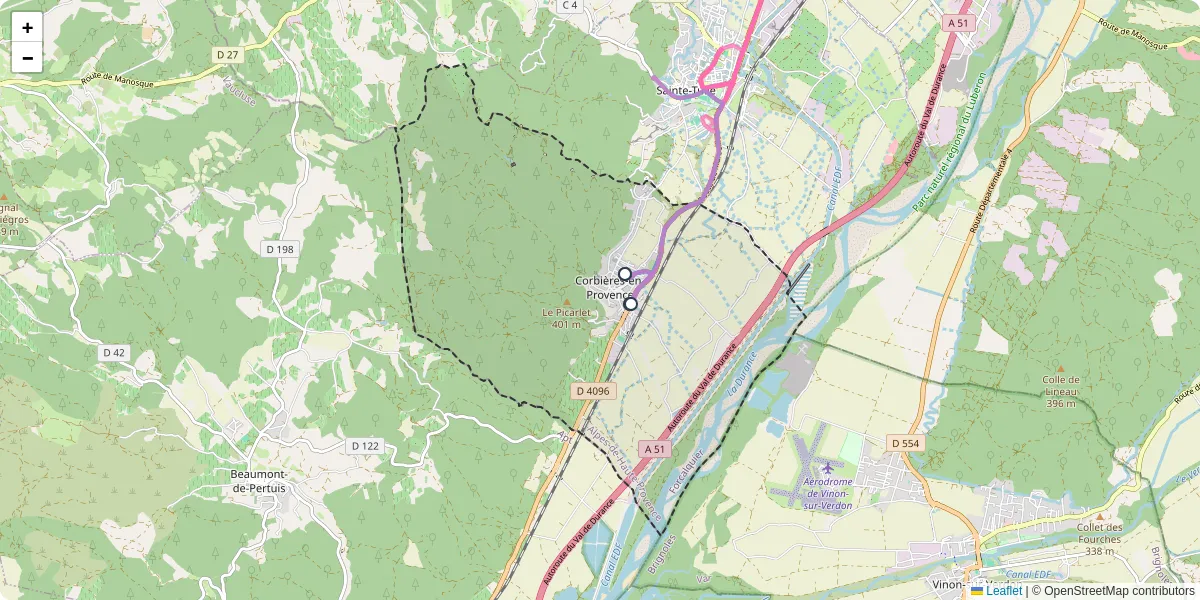 Carte du réseau de transport en commun à Corbières-en-Provence - lignes de bus et arrêts