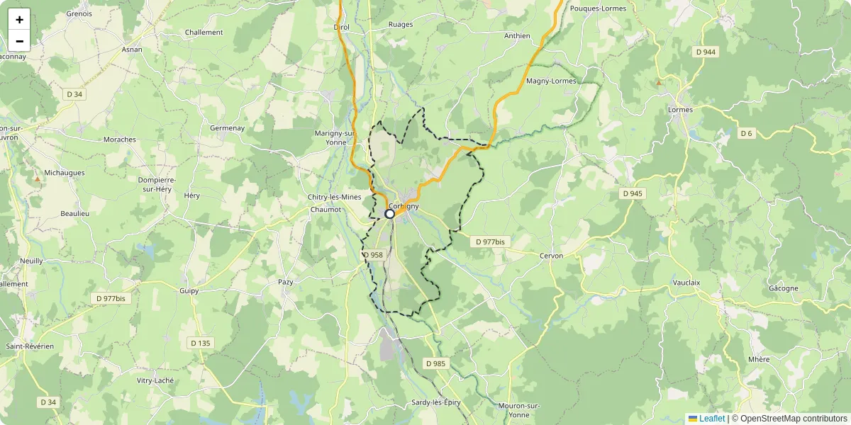 Carte du réseau de transport en commun à Corbigny - lignes de bus et arrêts