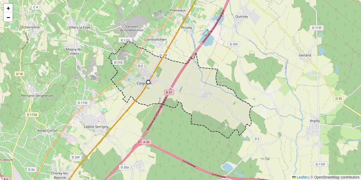 Carte du réseau de transport en commun à Corgoloin - lignes de bus et arrêts