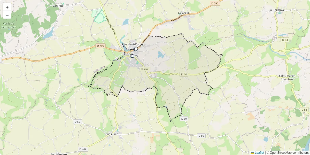 Carte du réseau de transport en commun à Corlay - lignes de bus et arrêts