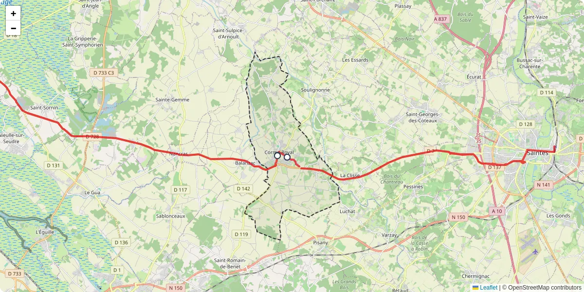 Carte du réseau de transport en commun à Corme-Royal - lignes de bus et arrêts