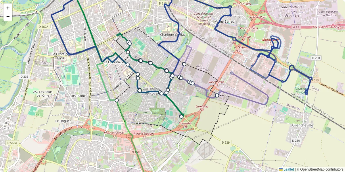 Carte du réseau de transport en commun à Cormelles-le-Royal - lignes de bus et arrêts