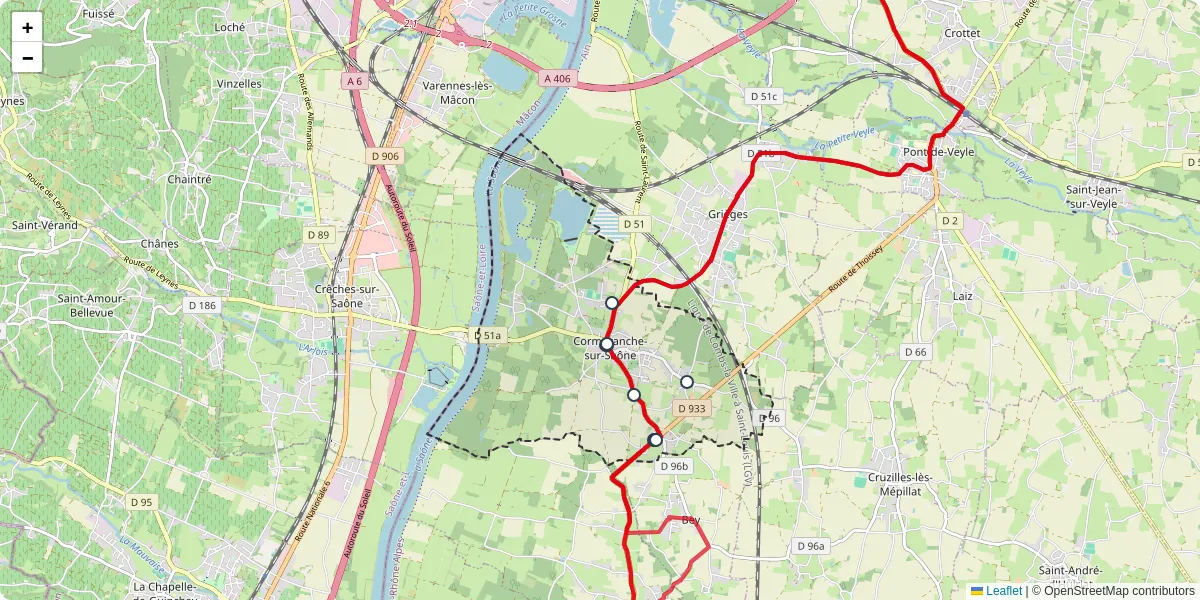 Carte du réseau de transport en commun à Cormoranche-sur-Saône - lignes de bus et arrêts