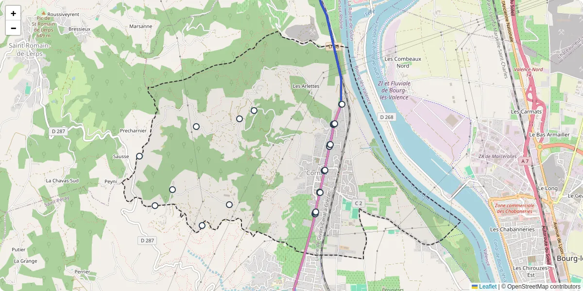 Carte du réseau de transport en commun à Cornas - lignes de bus et arrêts