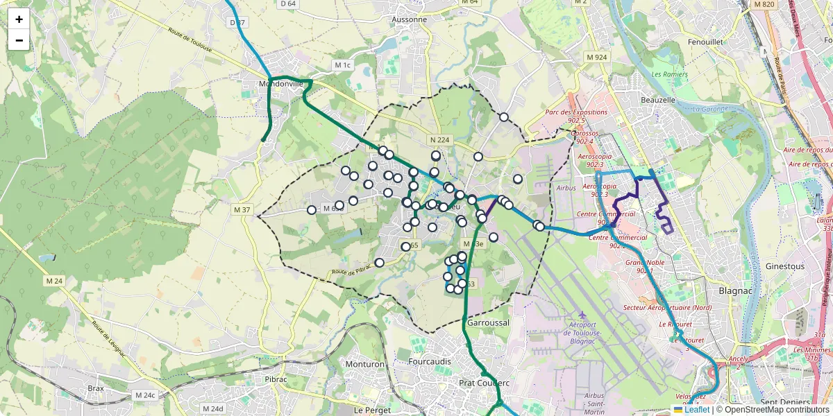 Carte du réseau de transport en commun à Cornebarrieu - lignes de bus et arrêts