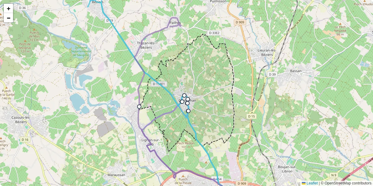 Carte du réseau de transport en commun à Corneilhan - lignes de bus et arrêts