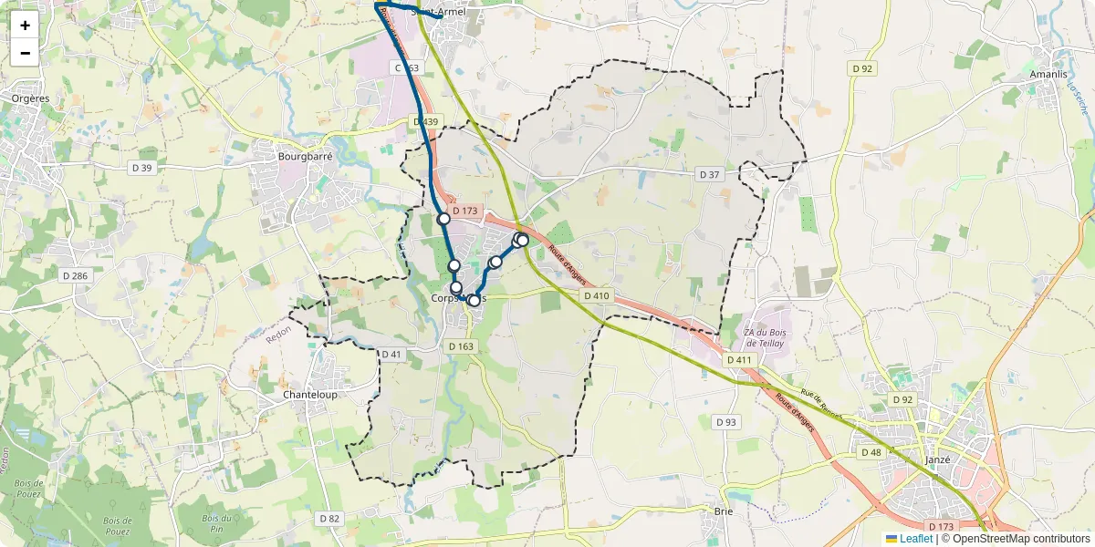 Carte du réseau de transport en commun à Corps-Nuds - lignes de bus et arrêts
