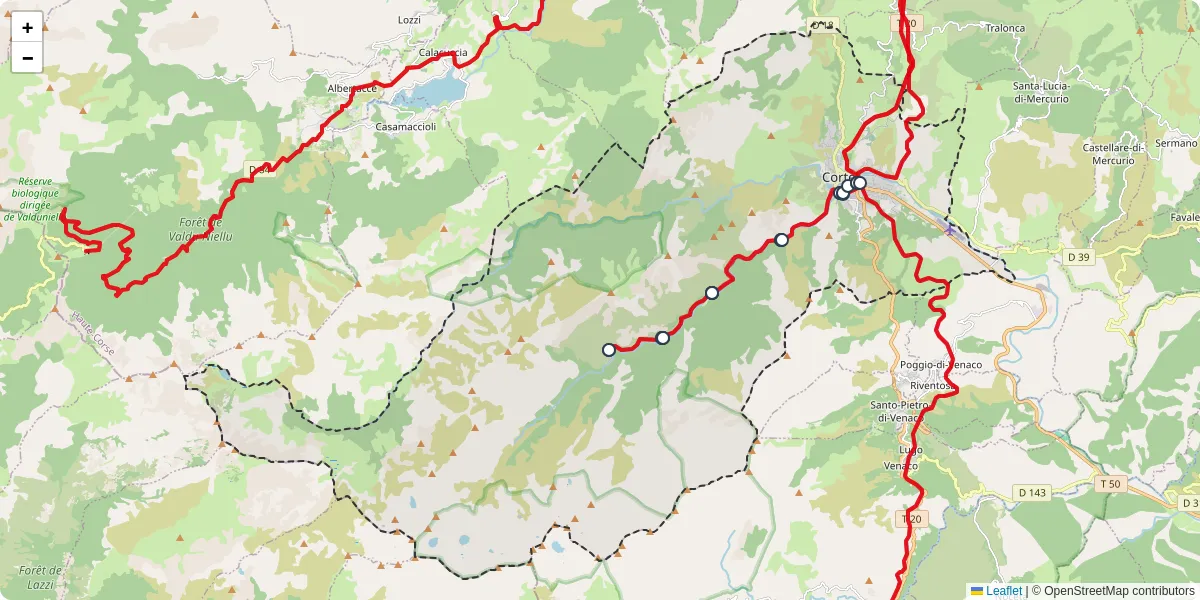 Carte du réseau de transport en commun à Corte - lignes de bus et arrêts