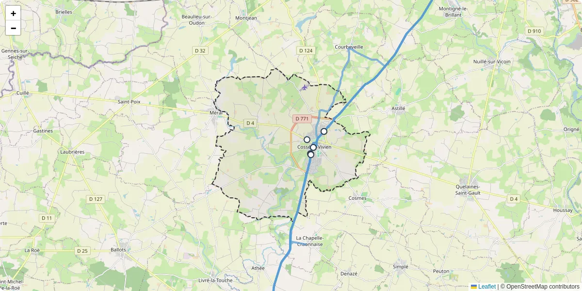 Carte du réseau de transport en commun à Cossé-le-Vivien - lignes de bus et arrêts