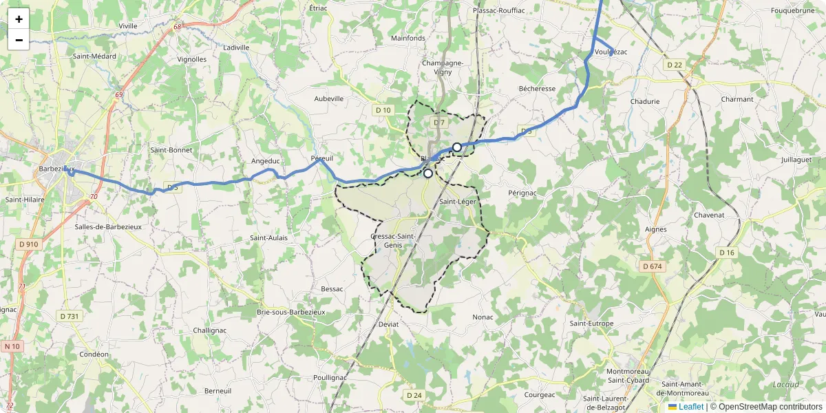 Carte du réseau de transport en commun à Coteaux-du-Blanzacais - lignes de bus et arrêts