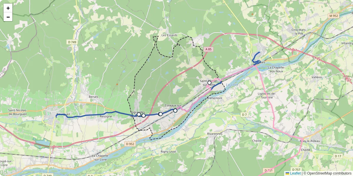 Carte du réseau de transport en commun à Coteaux-sur-Loire - lignes de bus et arrêts