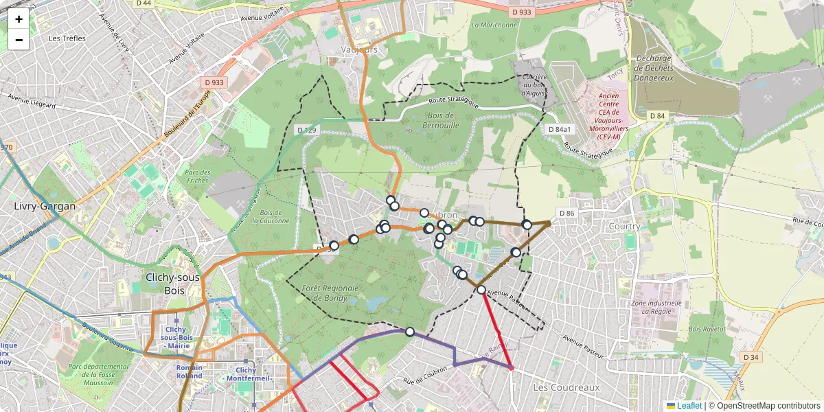Carte du réseau de transport en commun à Coubron - lignes de bus et arrêts