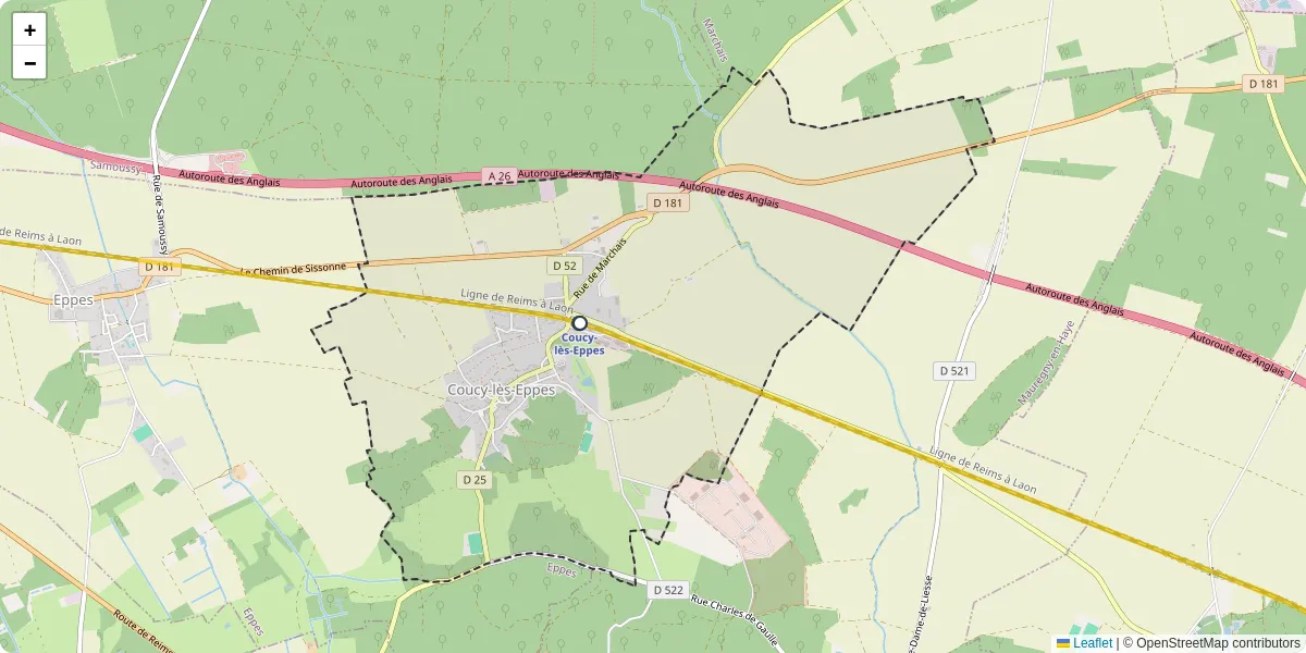Carte du réseau de transport en commun à Coucy-lès-Eppes - lignes de bus et arrêts