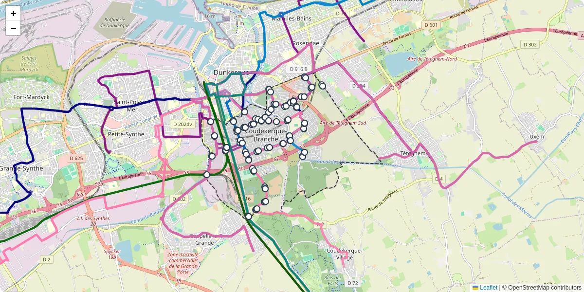 Carte du réseau de transport en commun à Coudekerque-Branche - lignes de bus et arrêts