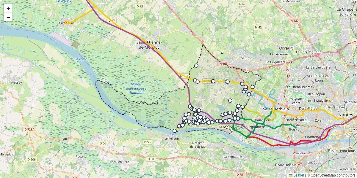 Carte du réseau de transport en commun à Couëron - lignes de bus et arrêts