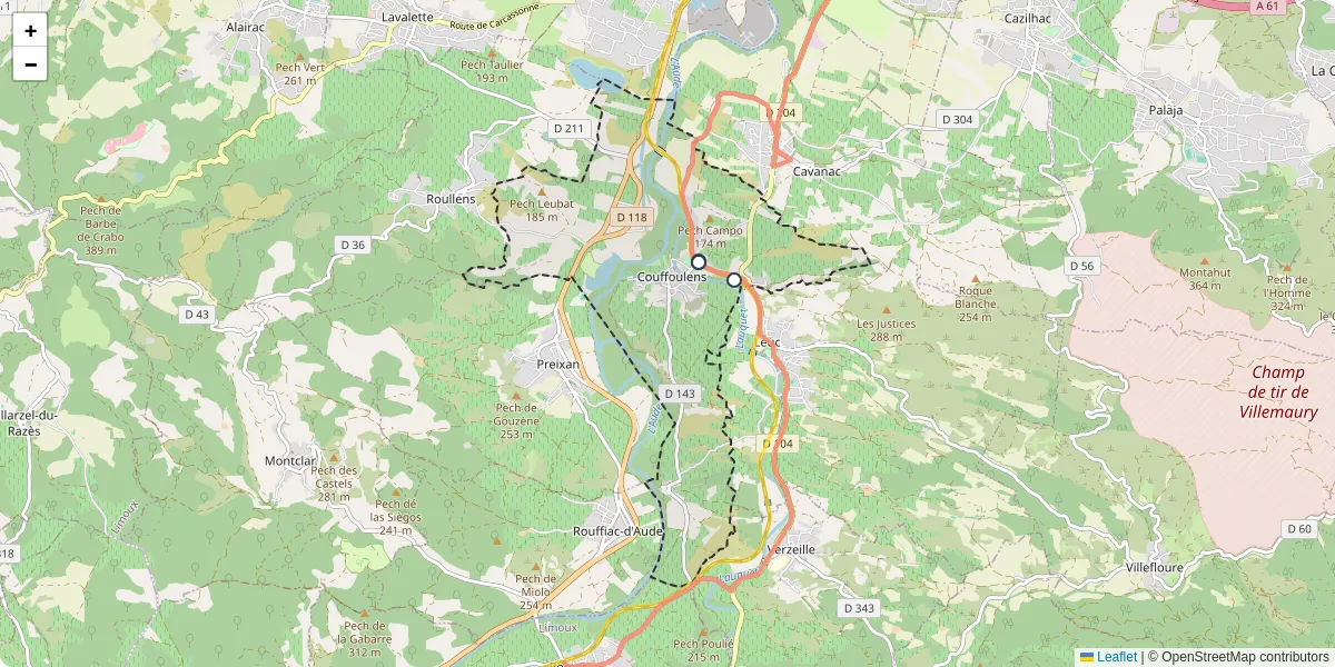 Carte du réseau de transport en commun à Couffoulens - lignes de bus et arrêts