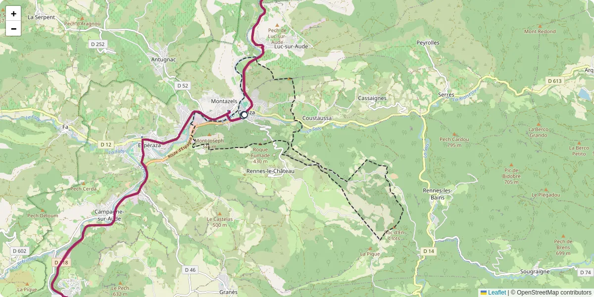 Carte du réseau de transport en commun à Couiza - lignes de bus et arrêts
