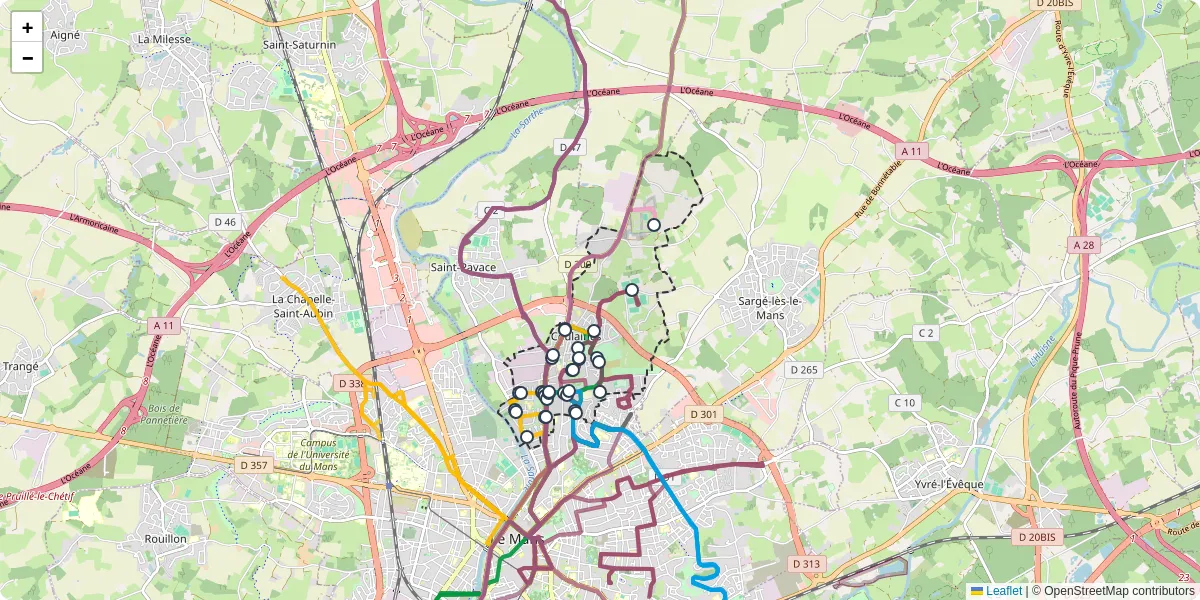 Carte du réseau de transport en commun à Coulaines - lignes de bus et arrêts
