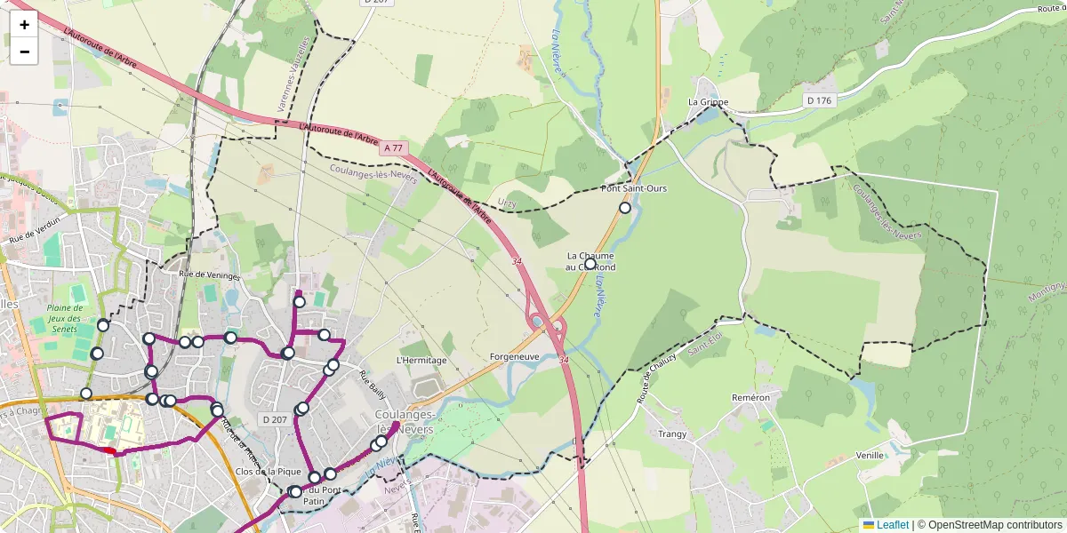 Carte du réseau de transport en commun à Coulanges-lès-Nevers - lignes de bus et arrêts