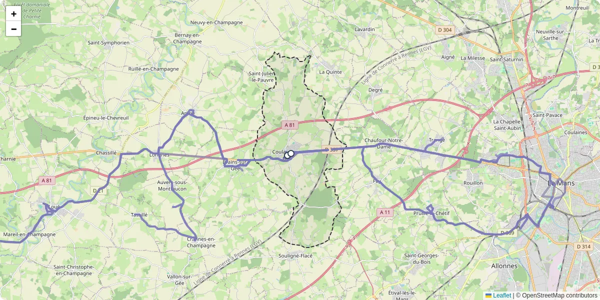 Carte du réseau de transport en commun à Coulans-sur-Gée - lignes de bus et arrêts