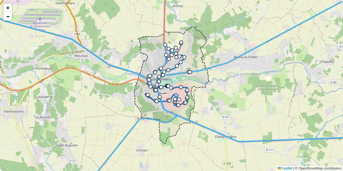 Carte du réseau de transport en commun à Coulommiers - lignes de bus et arrêts