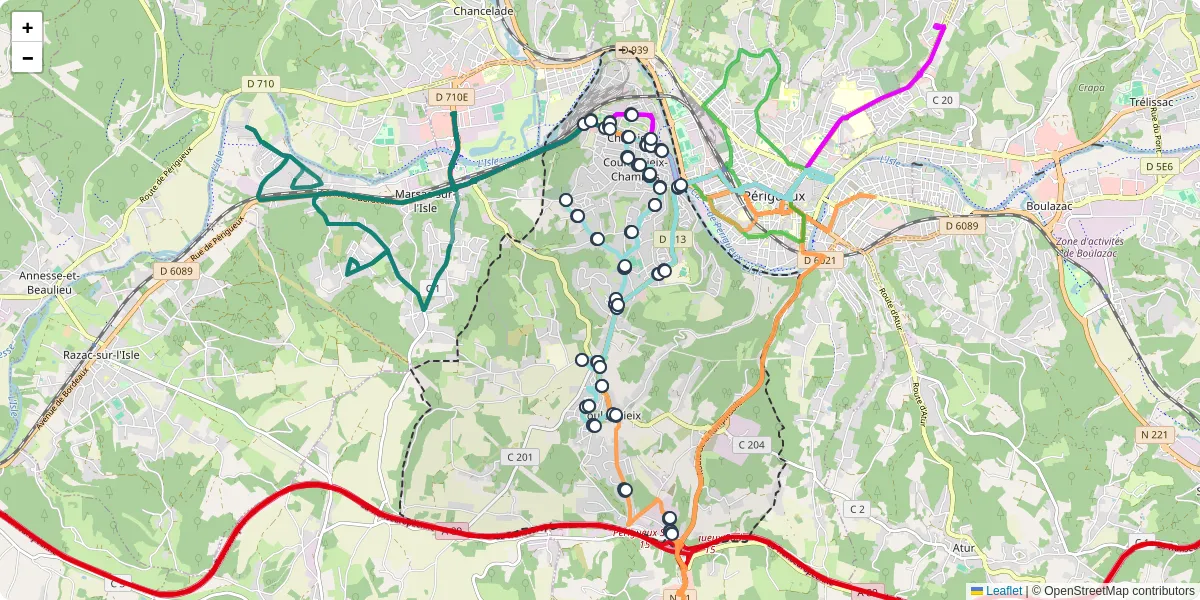 Carte du réseau de transport en commun à Coulounieix-Chamiers - lignes de bus et arrêts