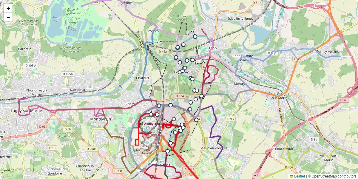 Carte du réseau de transport en commun à Coupvray - lignes de bus et arrêts
