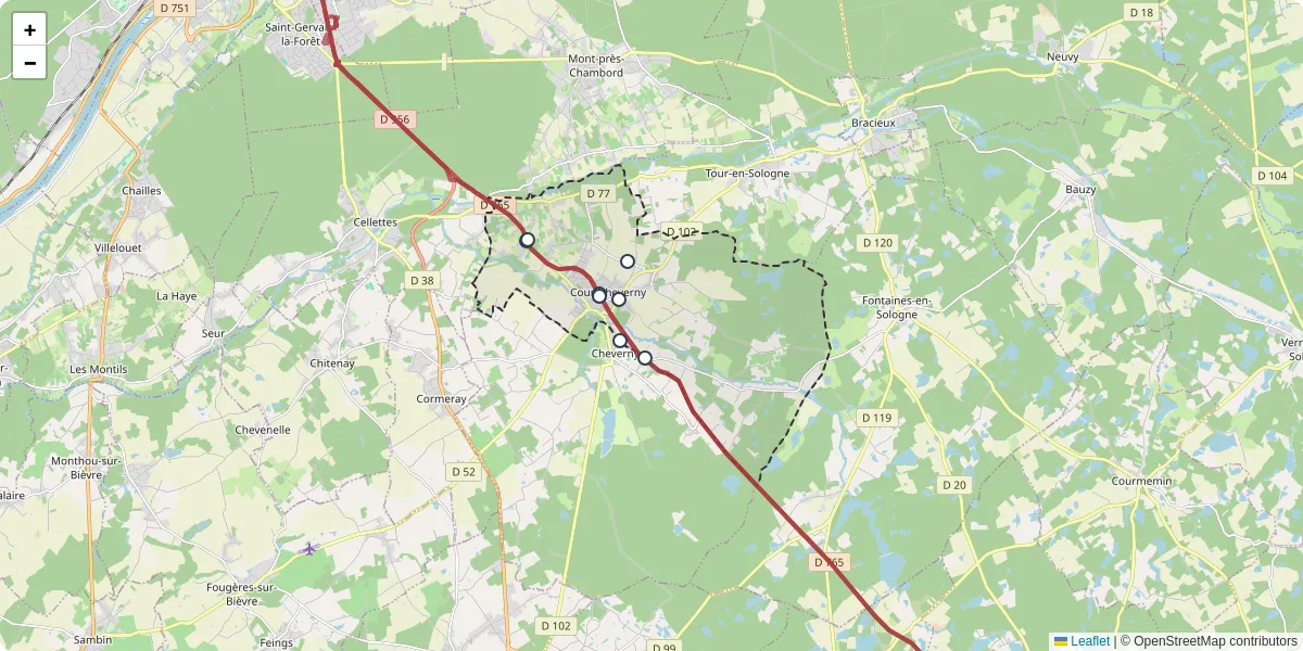 Carte du réseau de transport en commun à Cour-Cheverny - lignes de bus et arrêts