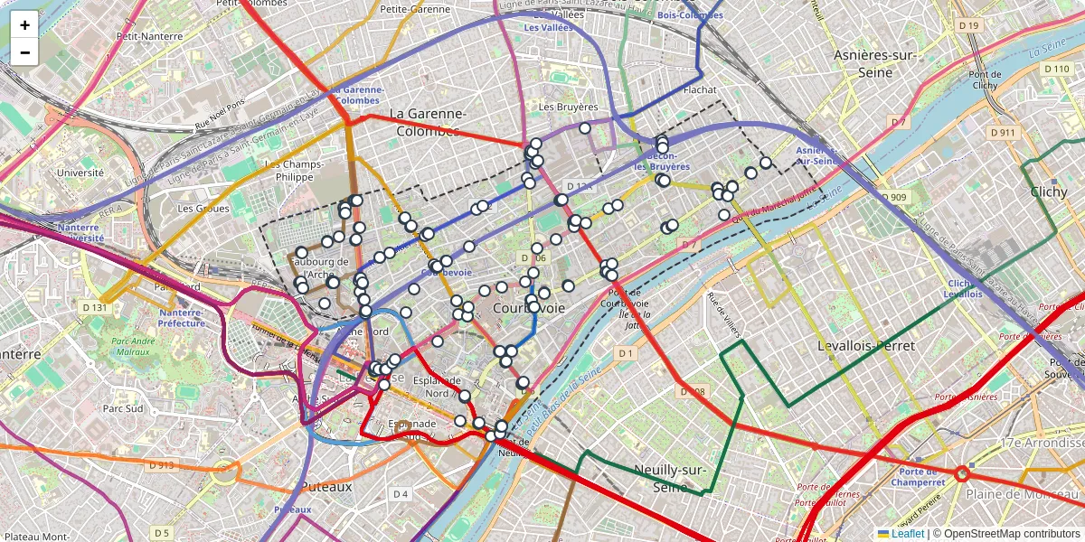 Carte du réseau de transport en commun à Courbevoie - lignes de bus et arrêts
