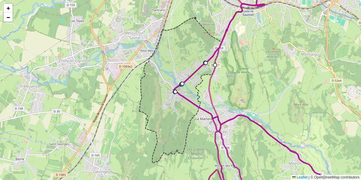 Carte du réseau de transport en commun à Courbouzon - lignes de bus et arrêts