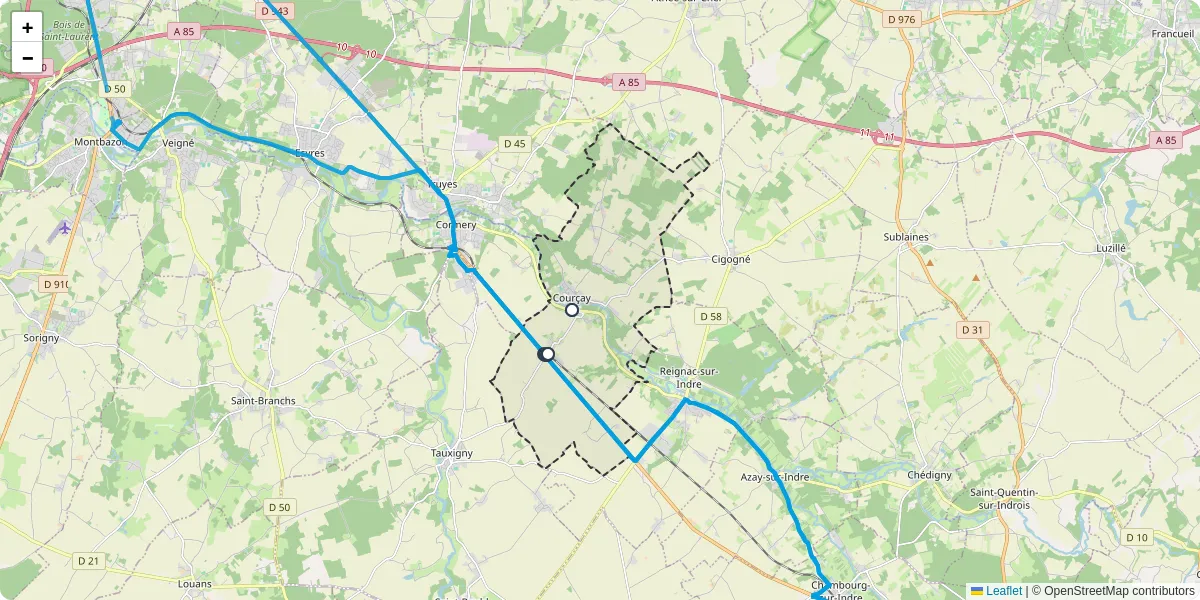 Carte du réseau de transport en commun à Courçay - lignes de bus et arrêts