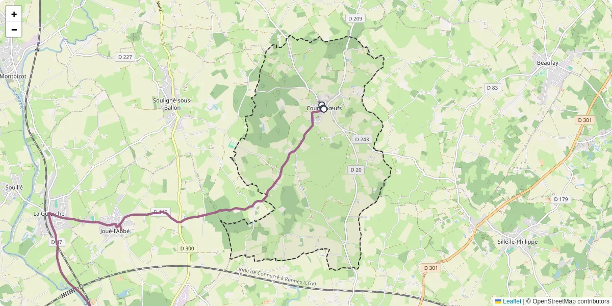 Carte du réseau de transport en commun à Courcebœufs - lignes de bus et arrêts