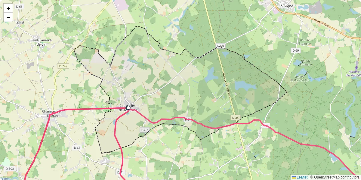 Carte du réseau de transport en commun à Courcelles-de-Touraine - lignes de bus et arrêts