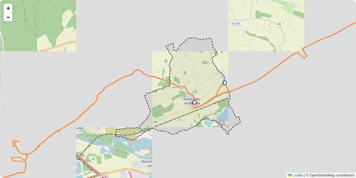 Carte du réseau de transport en commun à Courcelles-en-Bassée - lignes de bus et arrêts