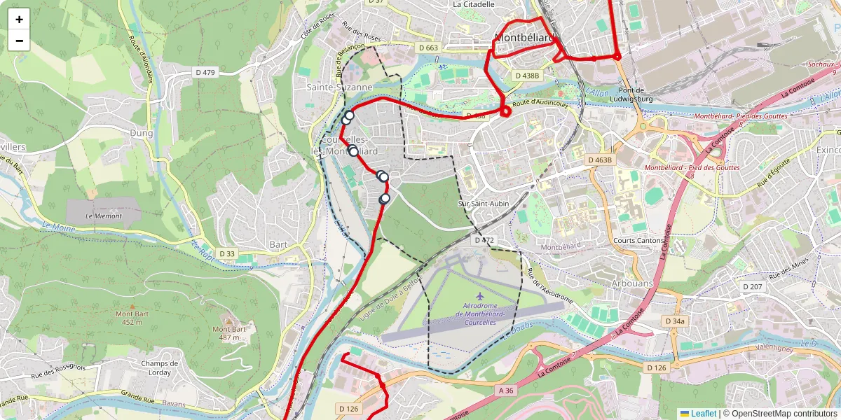 Carte du réseau de transport en commun à Courcelles-lès-Montbéliard - lignes de bus et arrêts