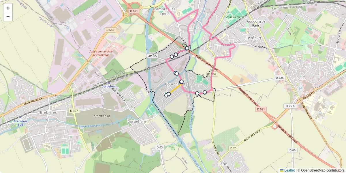 Carte du réseau de transport en commun à Courchelettes - lignes de bus et arrêts