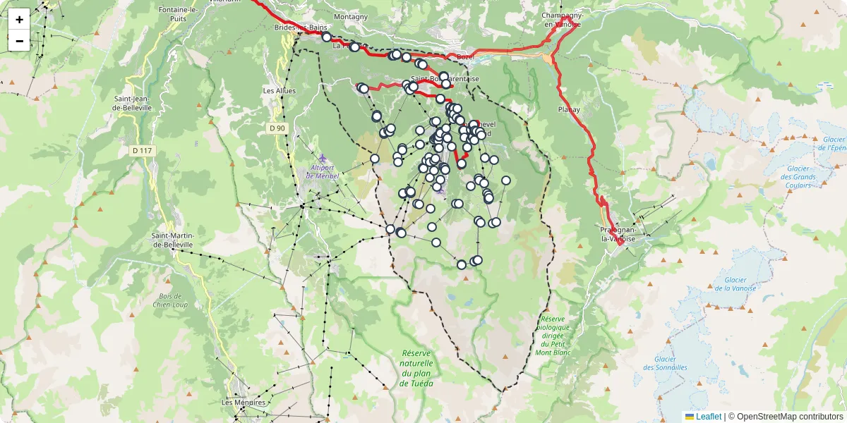 Carte du réseau de transport en commun à Courchevel - lignes de bus et arrêts