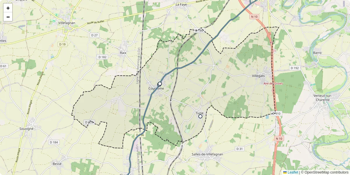 Carte du réseau de transport en commun à Courcôme - lignes de bus et arrêts